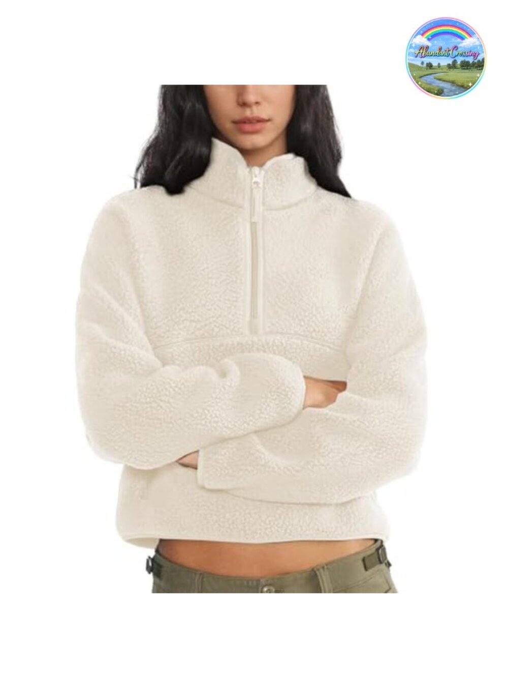 Women's Cropped Fuzzy Fleece Half Zip Sherpa Pullover Varsity Jacket